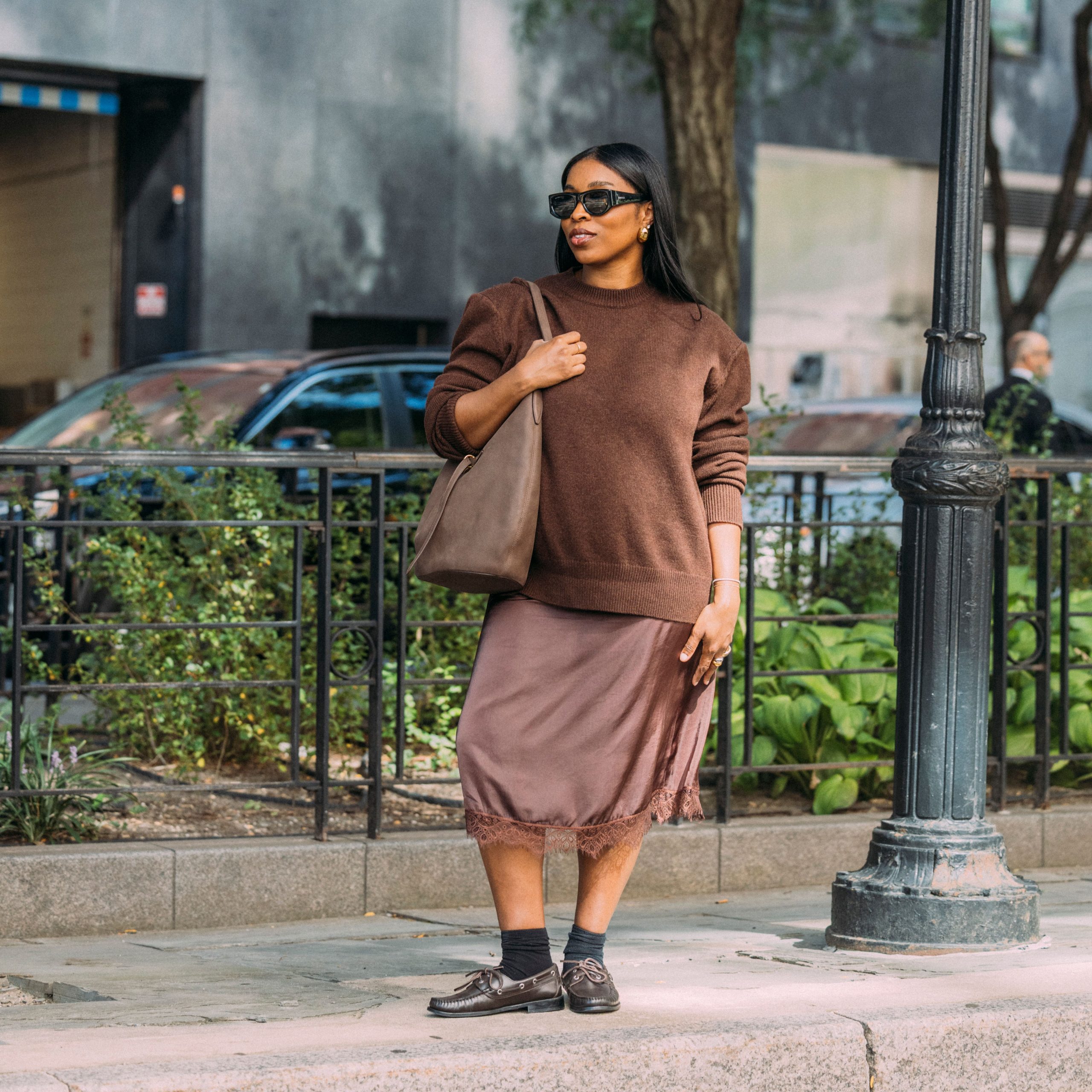 Monochromatic Brown Knit and Satin Skirt for Evening Elegance Monochromatic Brown Knit and Satin Skirt for Evening Elegance — Winter Date Night Outfits