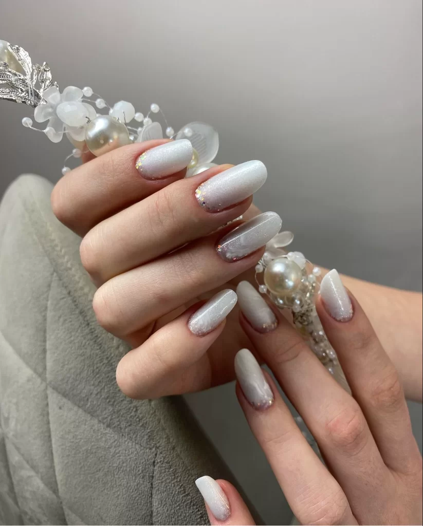 Champagne Beige Shimmer with Pearl Accents Champagne Beige Shimmer with Pearl Accents — Winter Nail Colors for Women Over 40
