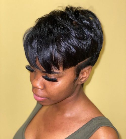 Ear Length Textured Jet Black Pixie With Side Fringe Ear Length Textured Jet Black Pixie With Side Fringe — Jet Black Hair