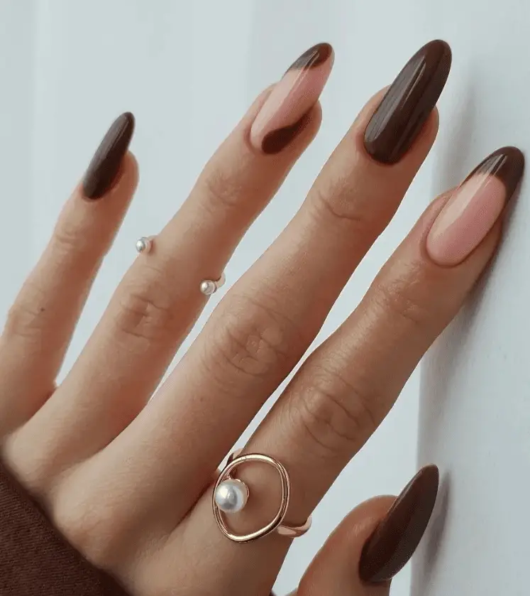 Deep Brown and Pale Pink Abstract French Tips Long Stiletto Nails Deep Brown and Pale Pink Abstract French Tips Long Stiletto Nails — Winter Nail Colors for Pale Skin