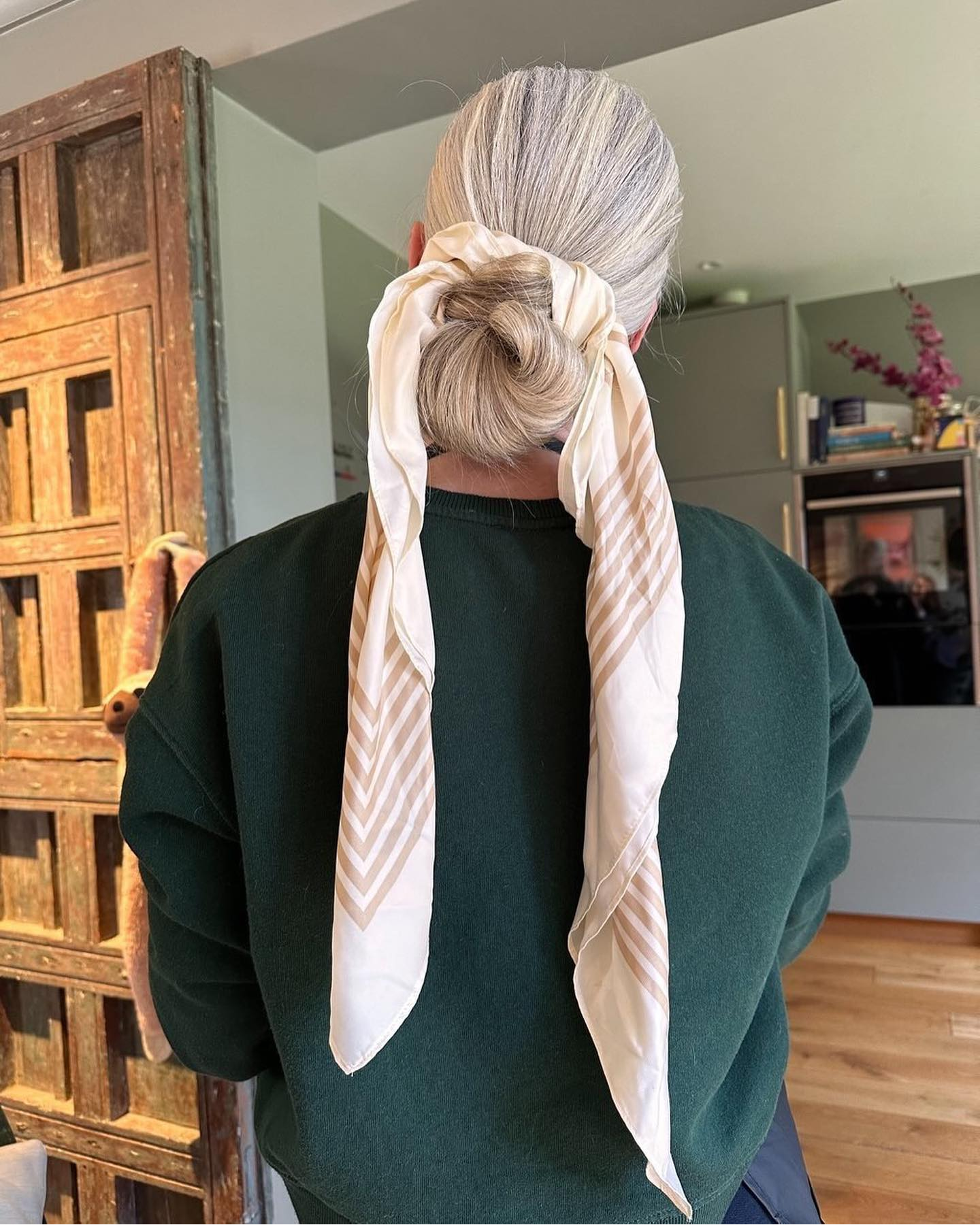 Ash Blonde High Bun with Scarf Ash Blonde High Bun with Scarf — Winter Hairstyles with Scarf