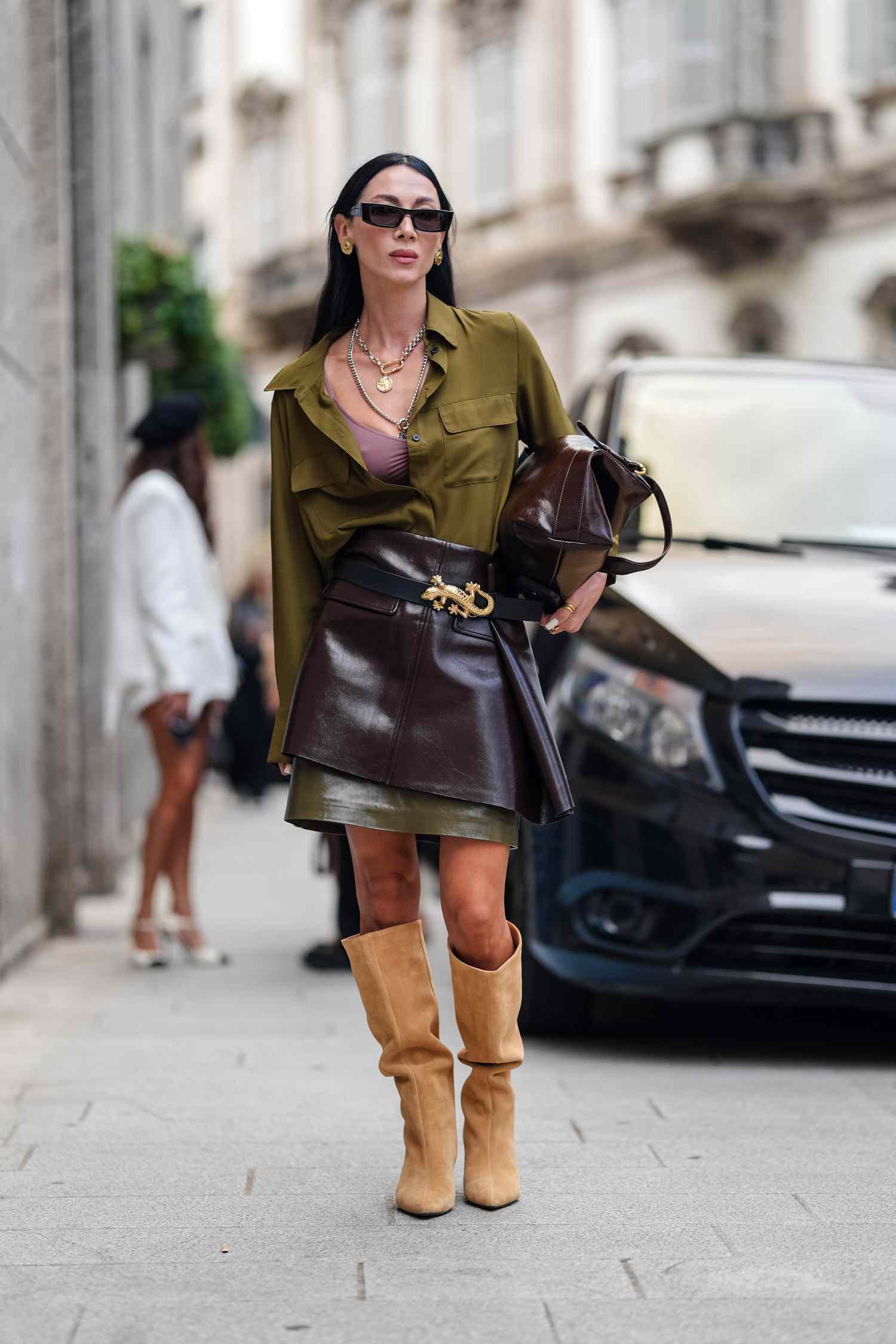 Layered Leather Skirt with Knee-High Boots for Daytime Chic Layered Leather Skirt with Knee-High Boots for Daytime Chic — Modest Winter Outfits