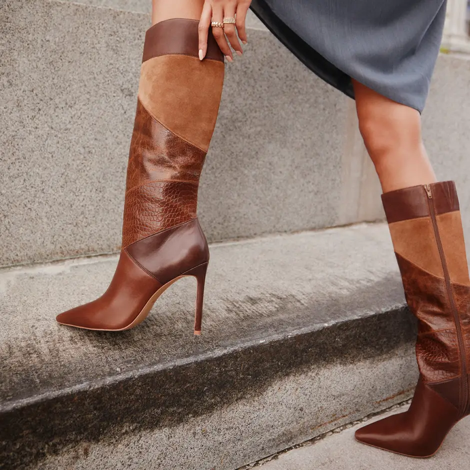Midi Dress with Red Trim and Brown Leather Knee-High Boots — Knee High Boots Outfits