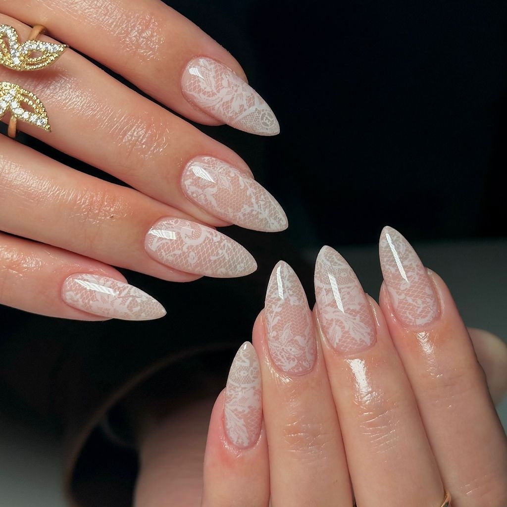 Glossy Timeless French Manicure Medium Oval — Winter Wedding Nails