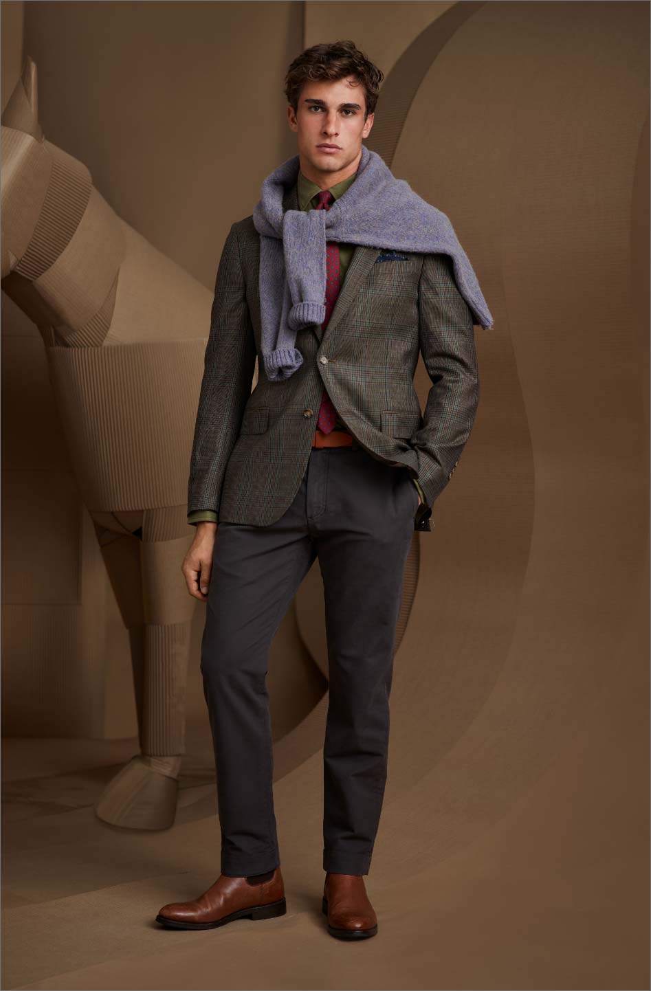 Sophisticated Layers: Checked Blazer with Scarf Drape Sophisticated Layers: Checked Blazer with Scarf Drape — Winter Outfits for Men