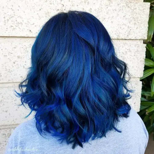 Wavy Blue Bob With Side Part Wavy Blue Bob With Side Part — Blue Black Hair