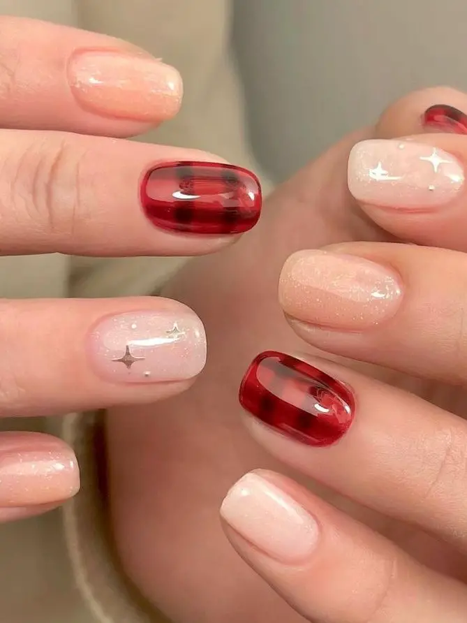 Glossy Red Jelly Plaid Nails Glossy Red Jelly Plaid Nails — Winter Nail Designs