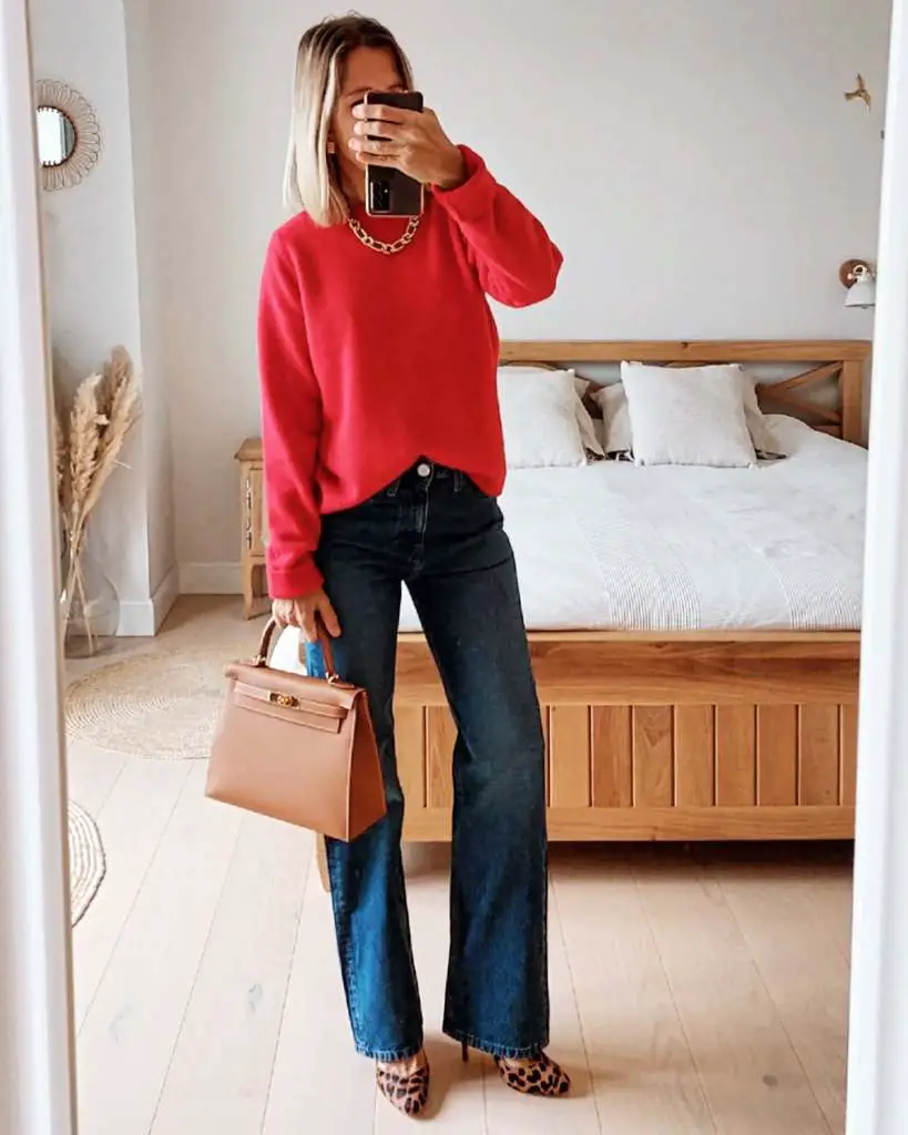 Bold Red Crewneck Sweater with Wide-Leg Jeans Bold Red Crewneck Sweater with Wide-Leg Jeans — Sweater Outfits