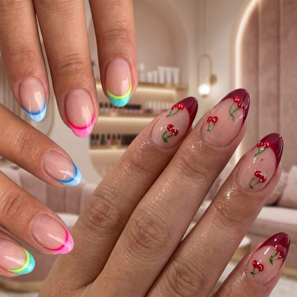 Neon French Tips and Cherry Art Neon French Tips and Cherry Art — Trendy Almond Nail Designs