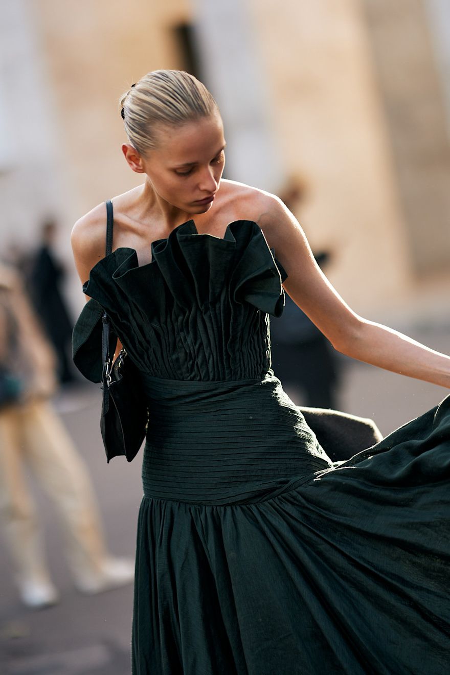 Elegant Black Satin Midi Dress with Puffed Sleeves and Belted Waist — Winter Wedding Guest Outfits