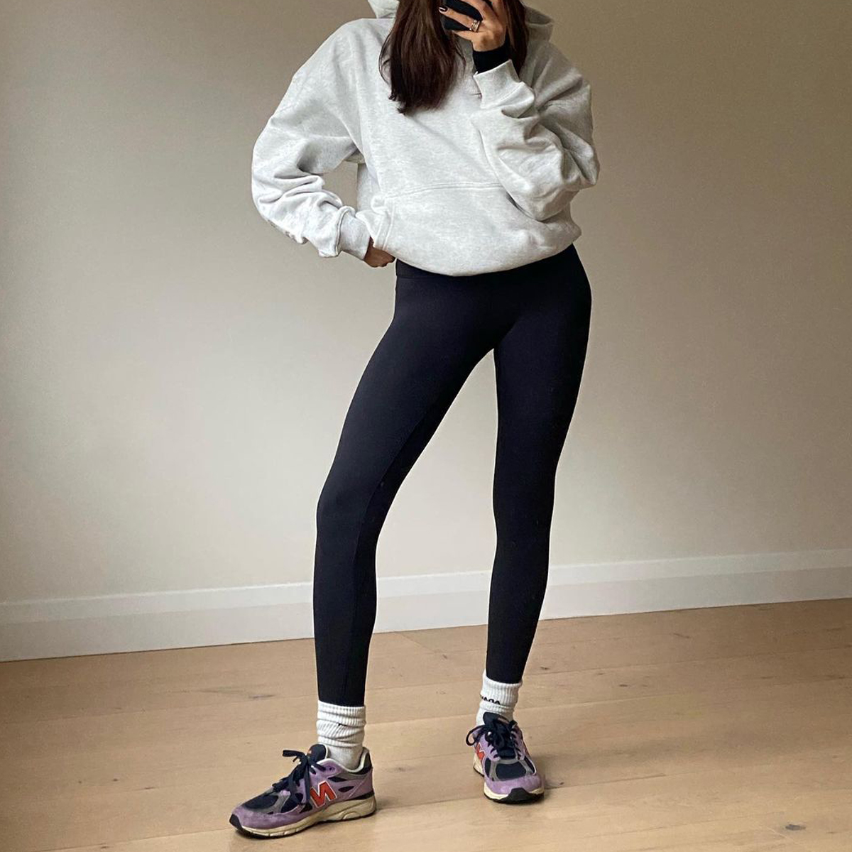 Oversized Grey Hoodie and Athletic Sneakers for Casual Winter Workouts — Winter Workout Outfits