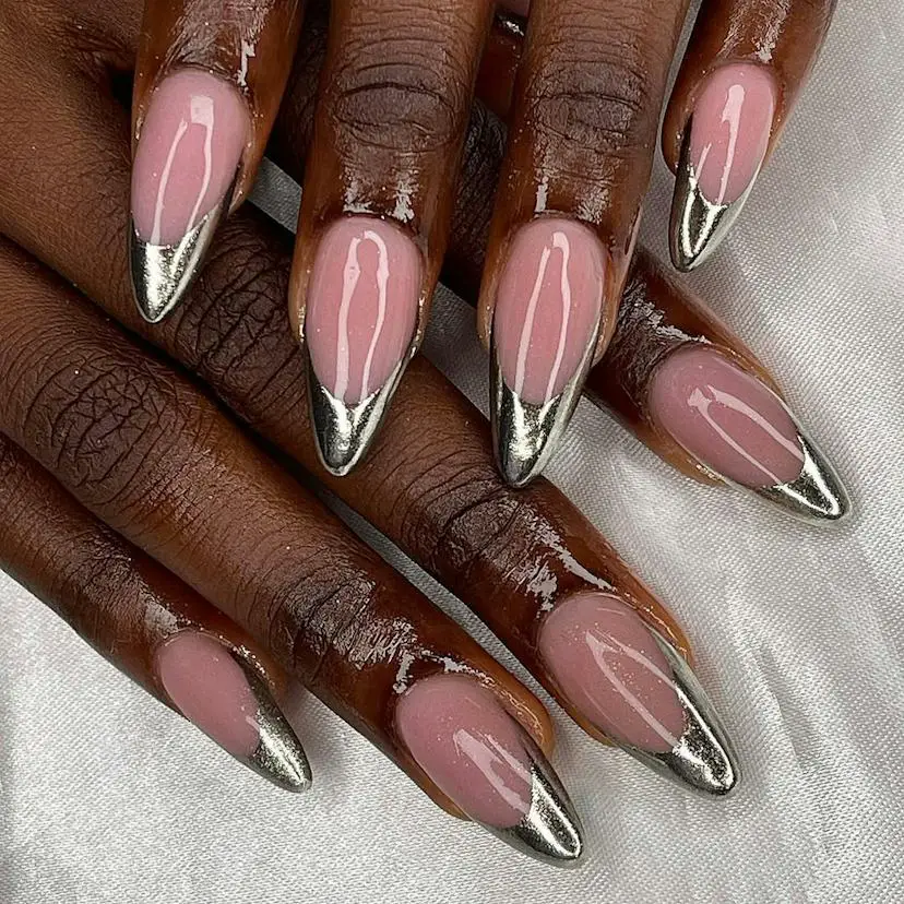 Silver Chrome French Tips on Sheer Pink Silver Chrome French Tips on Sheer Pink — Winter Chrome Nails