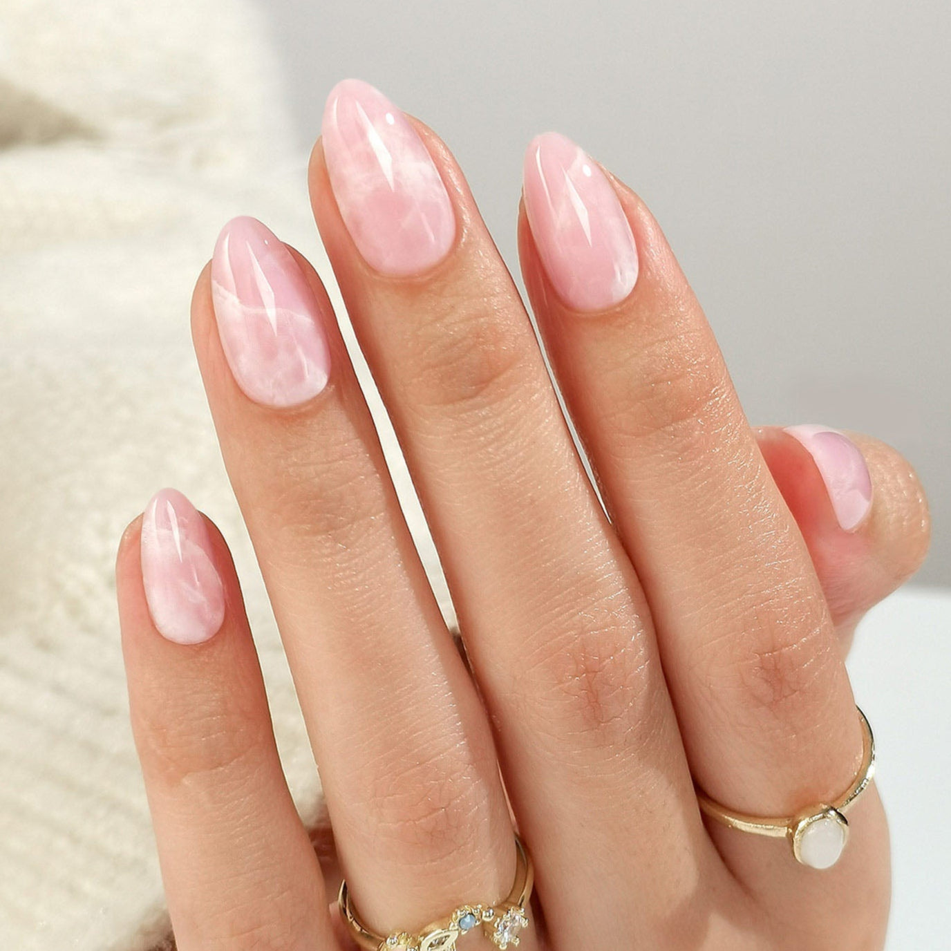 Glossy Soft Pale Pink Marble Almonds — Winter Marble Nails