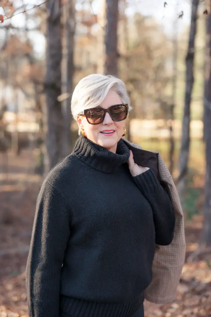 Black Turtleneck with Draped Plaid Blazer and Loafers — Casual Winter Outfits for Women Over 50
