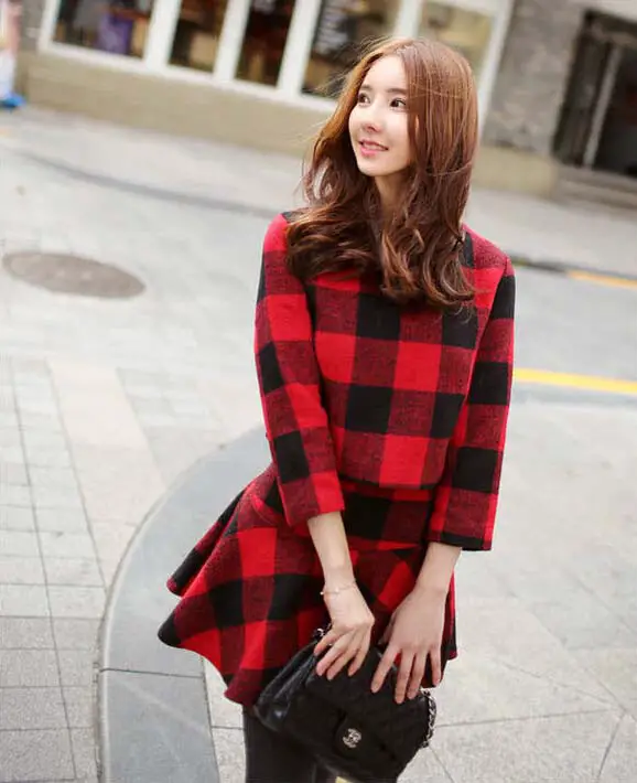 Red and Black Plaid Knit Set with Flared Skirt Red and Black Plaid Knit Set with Flared Skirt — Korean Winter Outfits