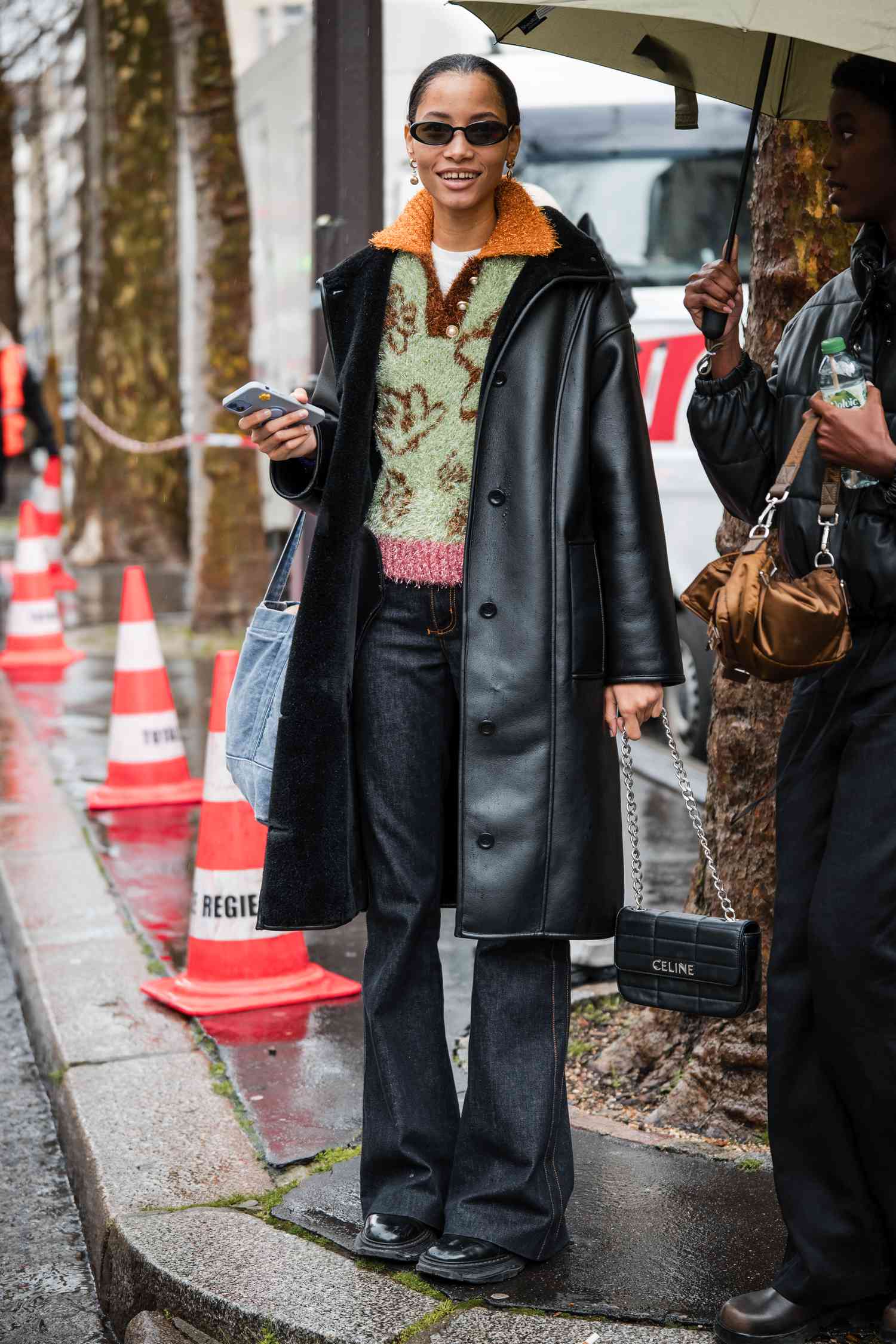 Black Shearling-Lined Leather Coat with Patterned Sweater — Shearling Coat Outfits