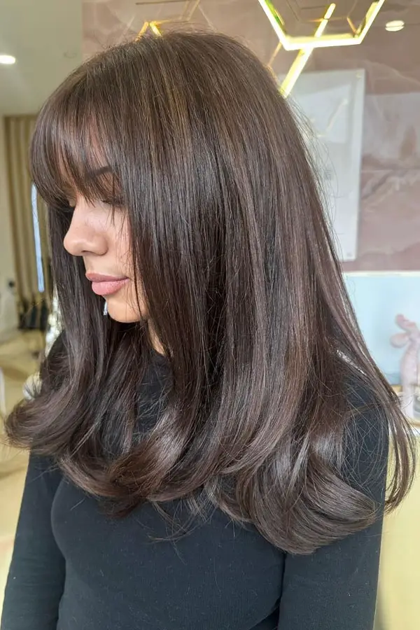 Mid-Back Blowout With Curled Ends — Dark Chocolate Brown Hair
