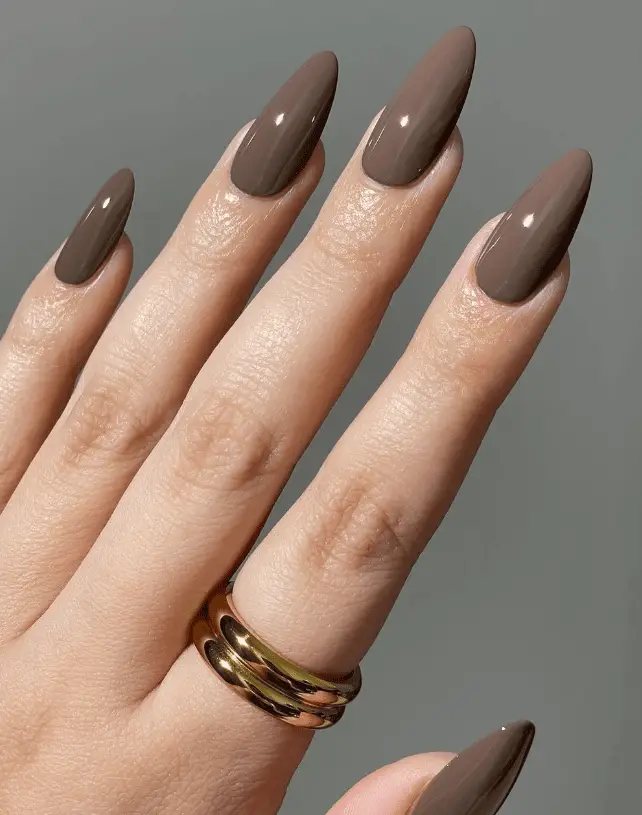 Taupe Brown Glossy Stiletto Nails — Winter Gel Nail Colors