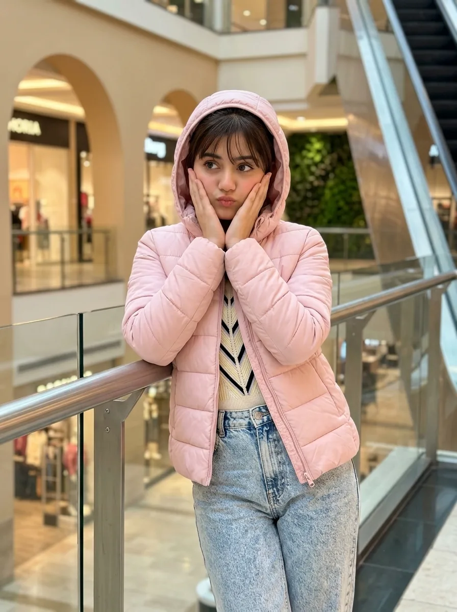 Pastel Puffer Jacket over Striped Sweater — Winter Streetwear Outfits
