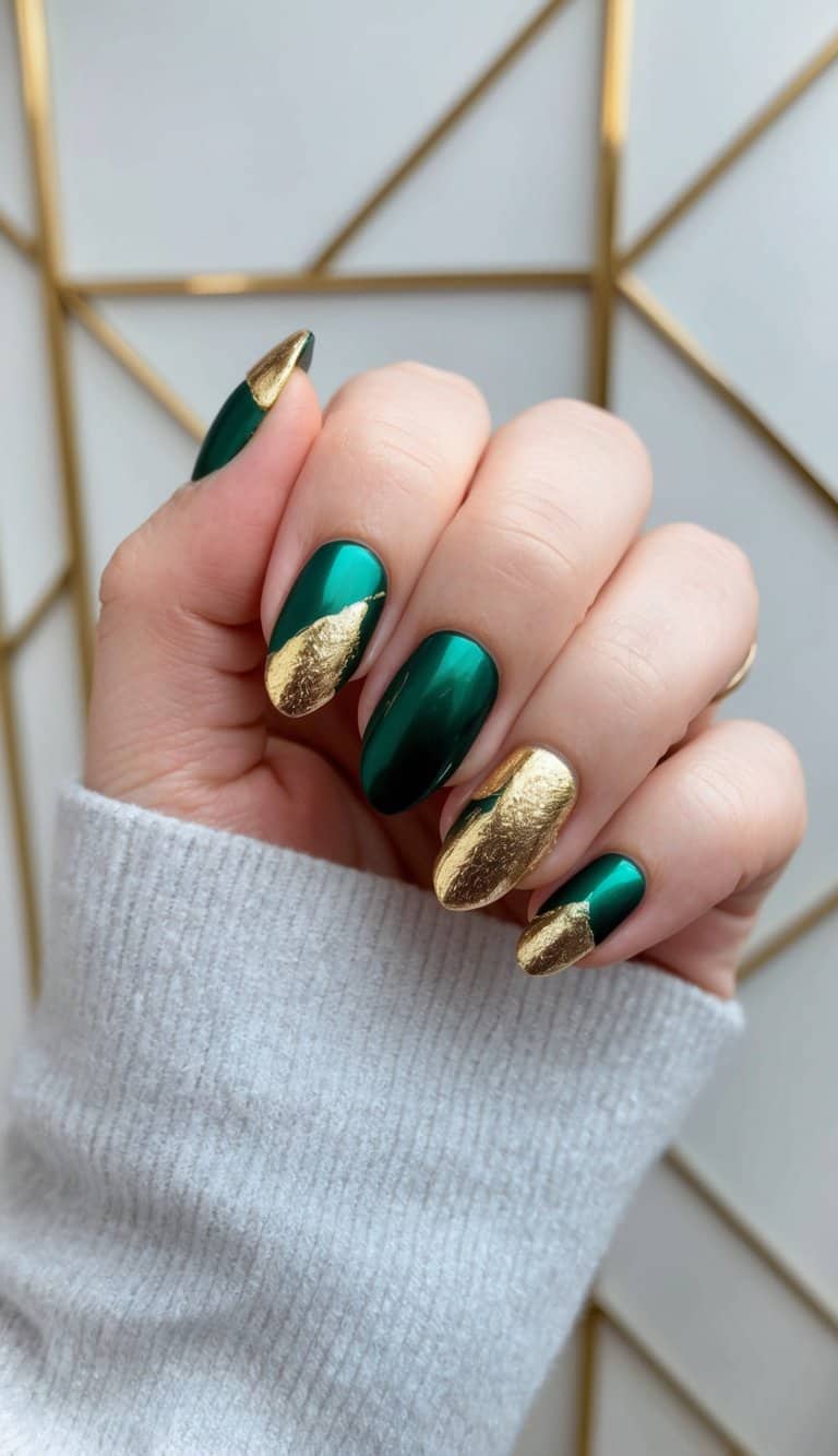 Metallic Emerald with Gold Foil Accents Metallic Emerald with Gold Foil Accents — Emerald Green Nails