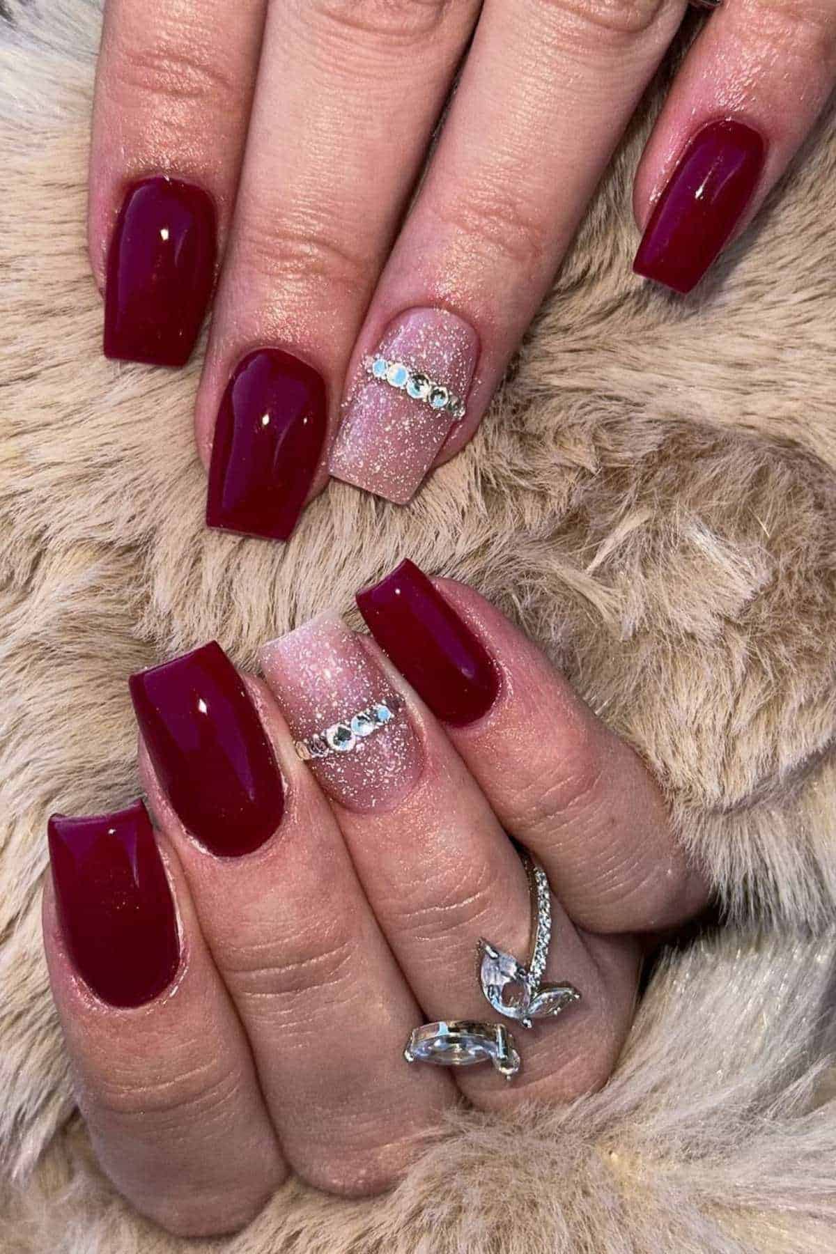 Burgundy Square Nails With Glitter and Rhinestone Accents — Burgundy Nails