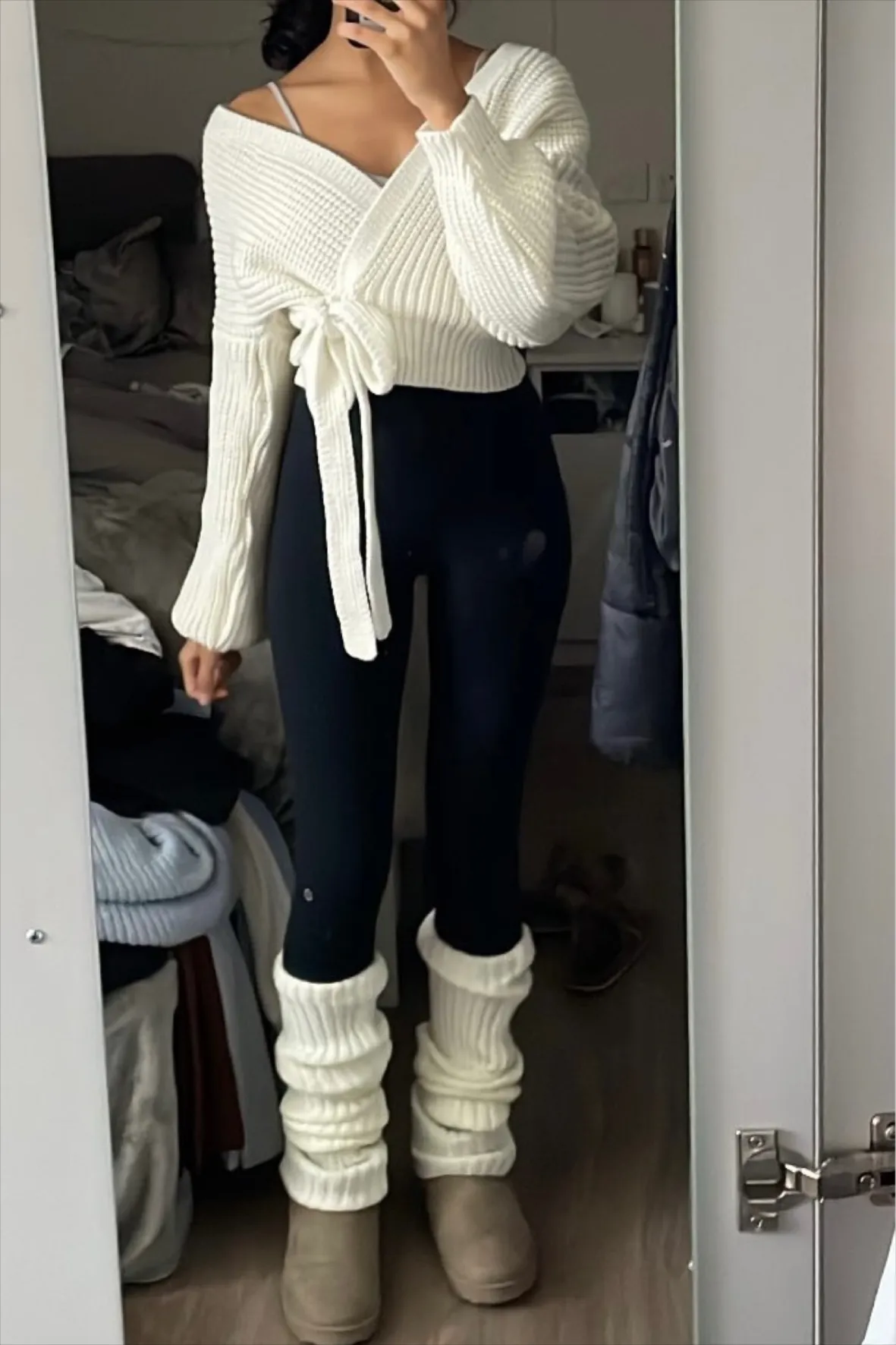 Cozy Layers: Ribbed Leg Warmers with Wrap Cardigan Cozy Layers: Ribbed Leg Warmers with Wrap Cardigan — Leg Warmers Outfits