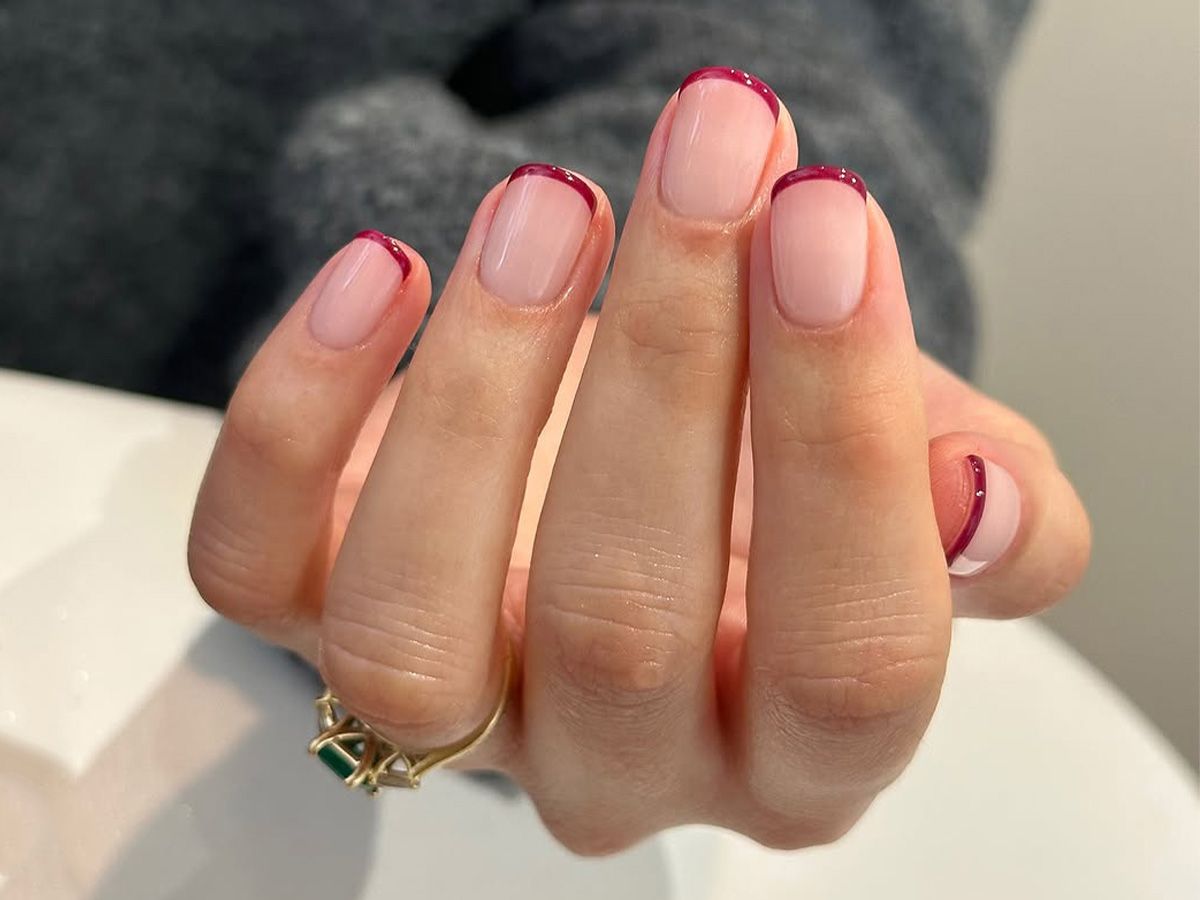Short Natural French with Deep Red Tips — January Nails