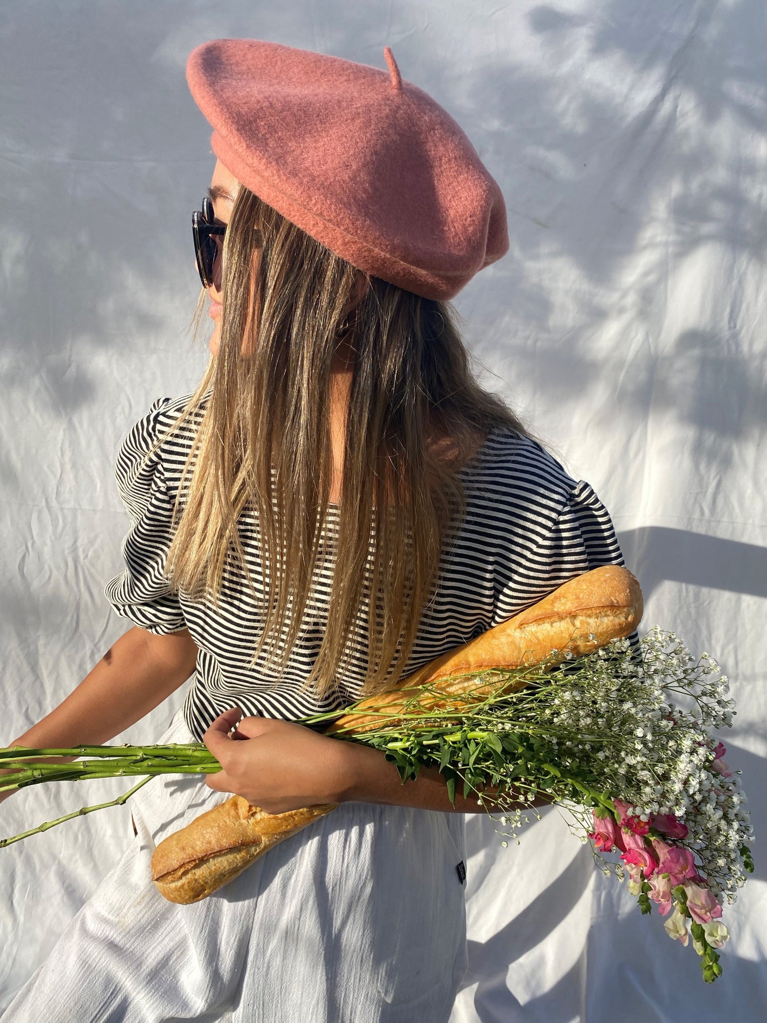 Pink Felt Beret with Striped Top and White Skirt — Beret Outfits