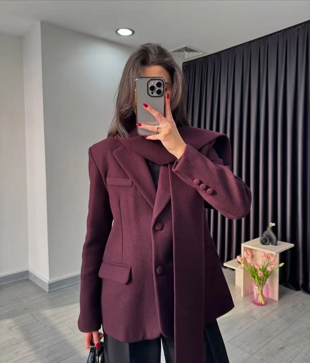 Burgundy double breasted blazer tonal high neck layer and dark trousers
