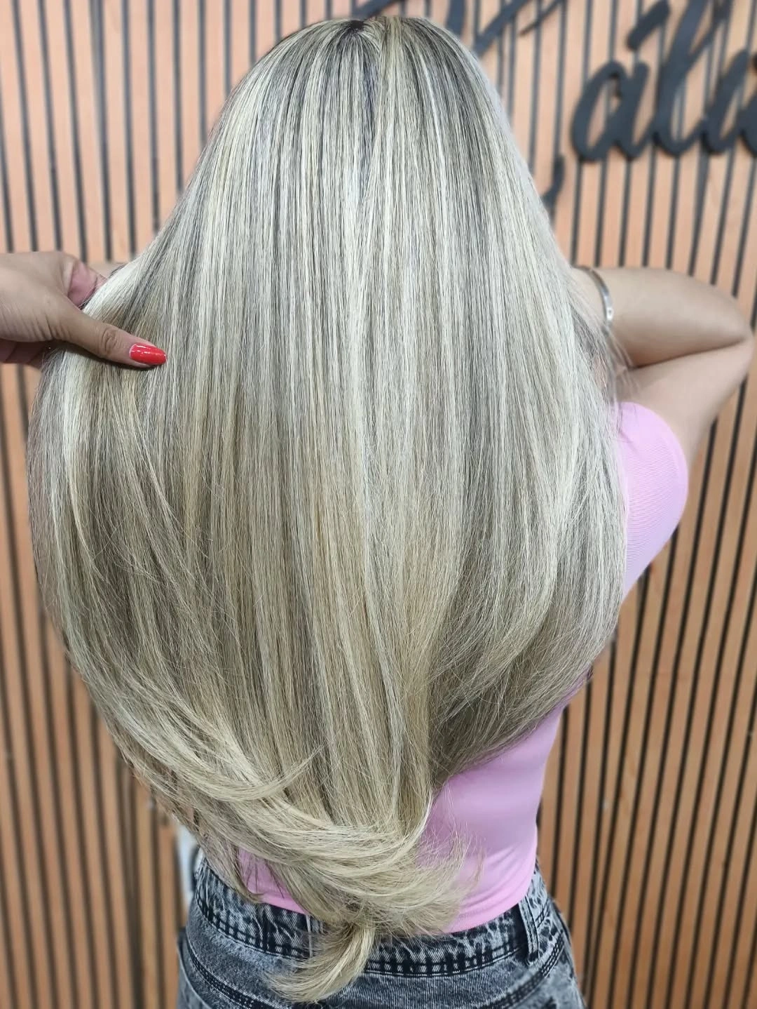 Very long ash blonde hair with smoky darker strands