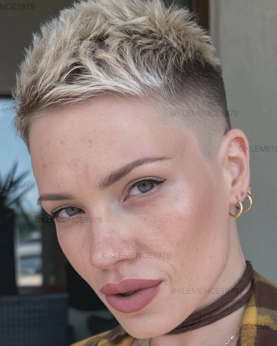 Short ash-blonde pixie with darker faded sides