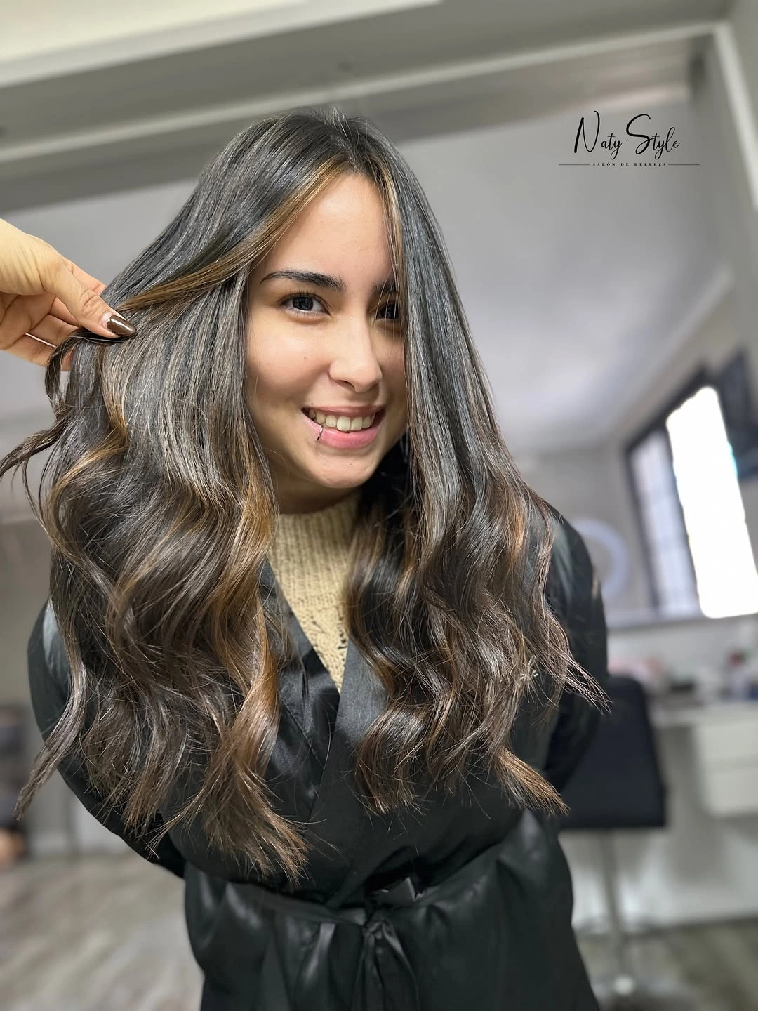 Smoky gray-brown brunette waves with pale face framing