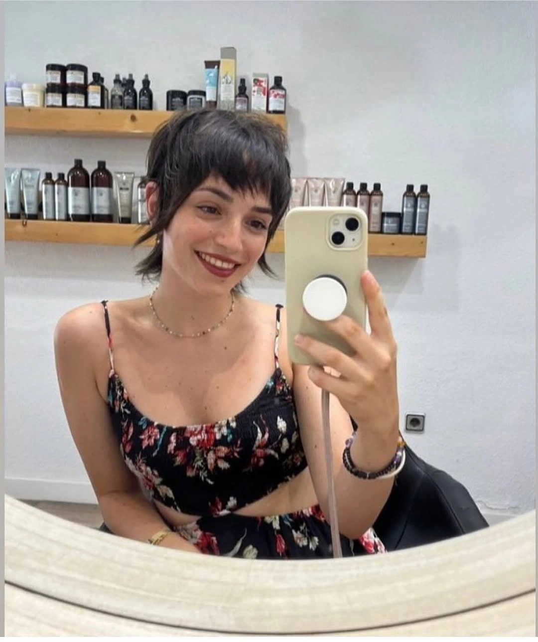 Short dark brunette crop with soft choppy fringe