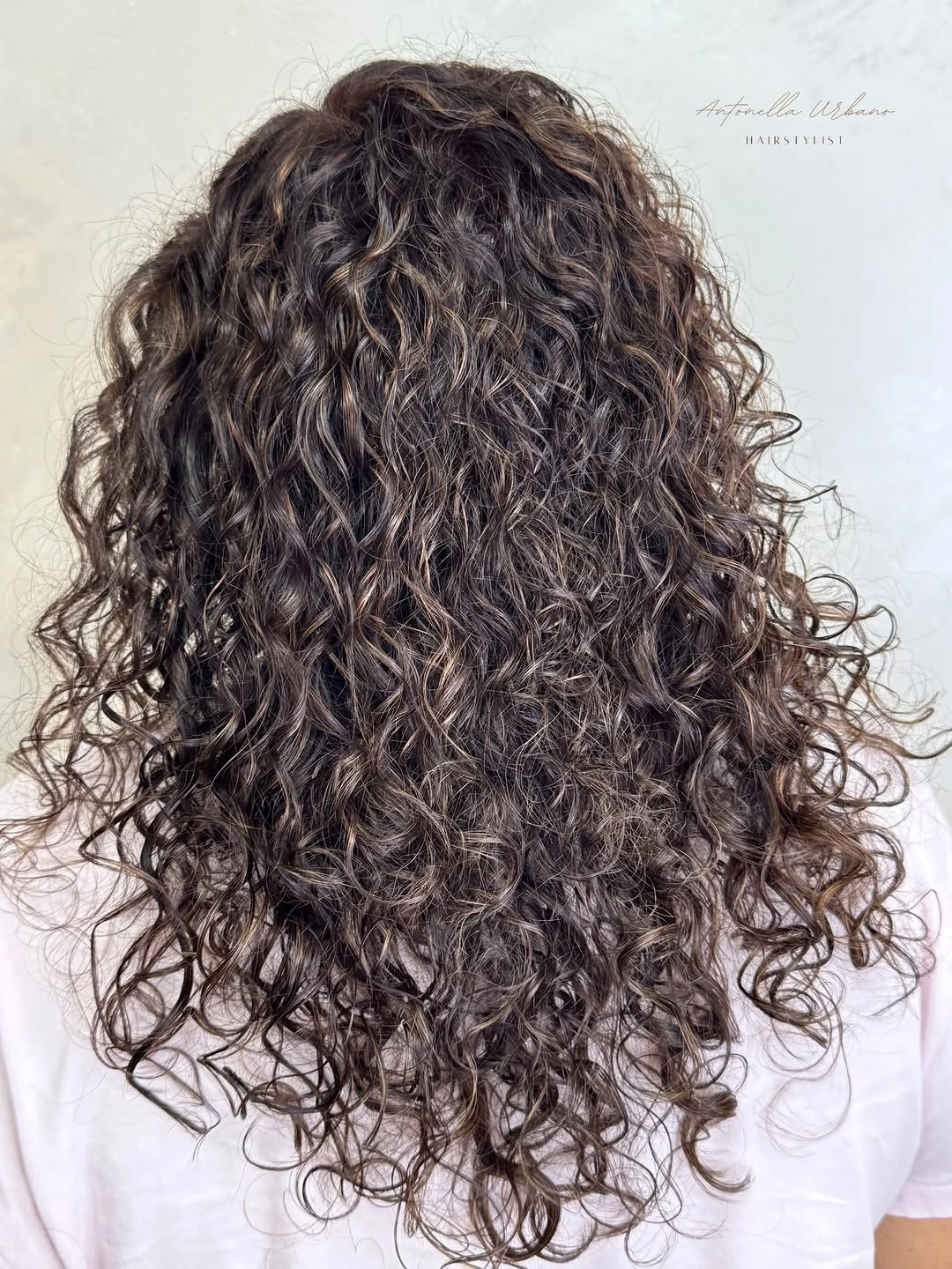 Curly brunette hair with scattered beige-brown highlights
