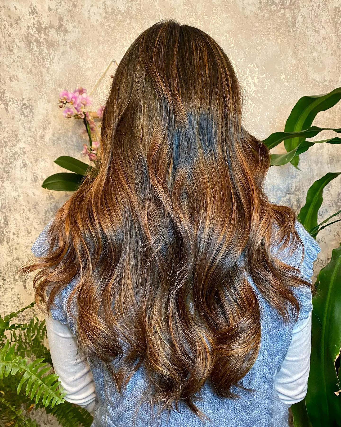 Long brunette waves with copper-chestnut ribbons from back