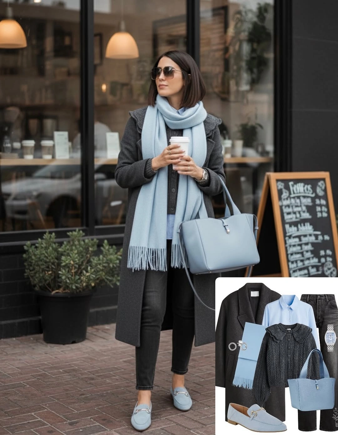 Charcoal long coat with pale blue scarf, handbag, and loafers