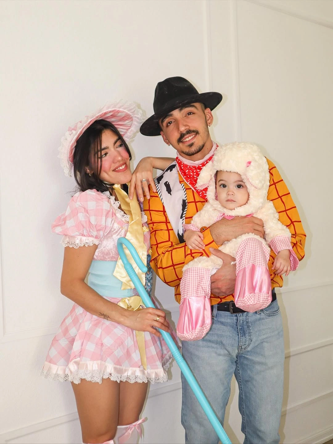 Pink checked dress and cowboy family Halloween costume pairing