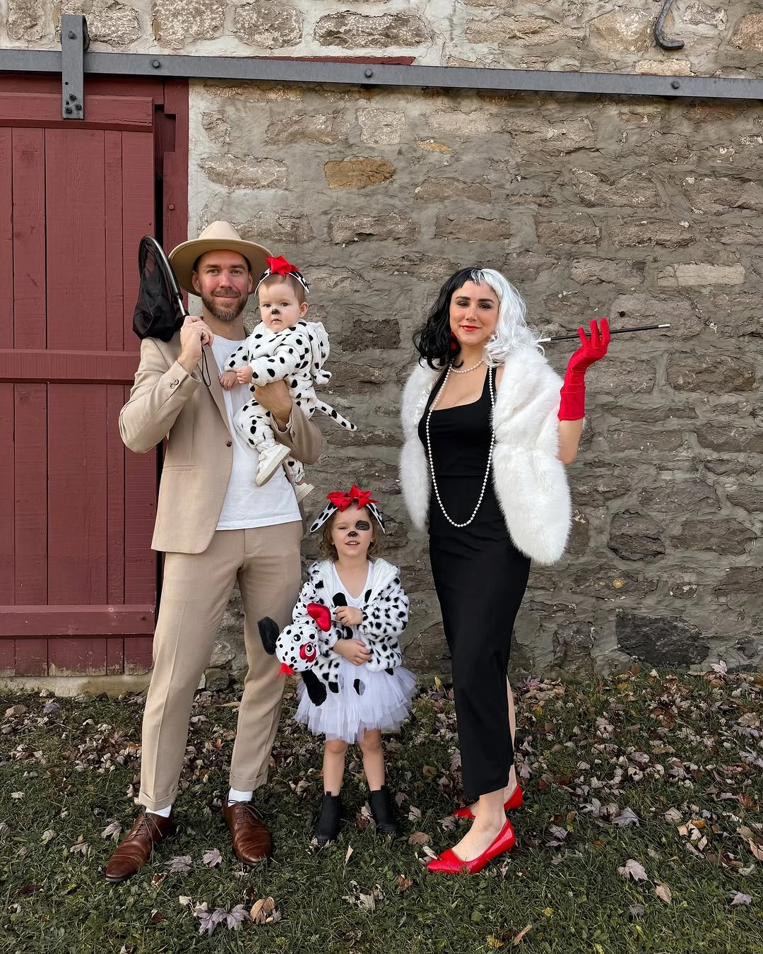 Dalmatian family Halloween costumes with black-and-white spotted print