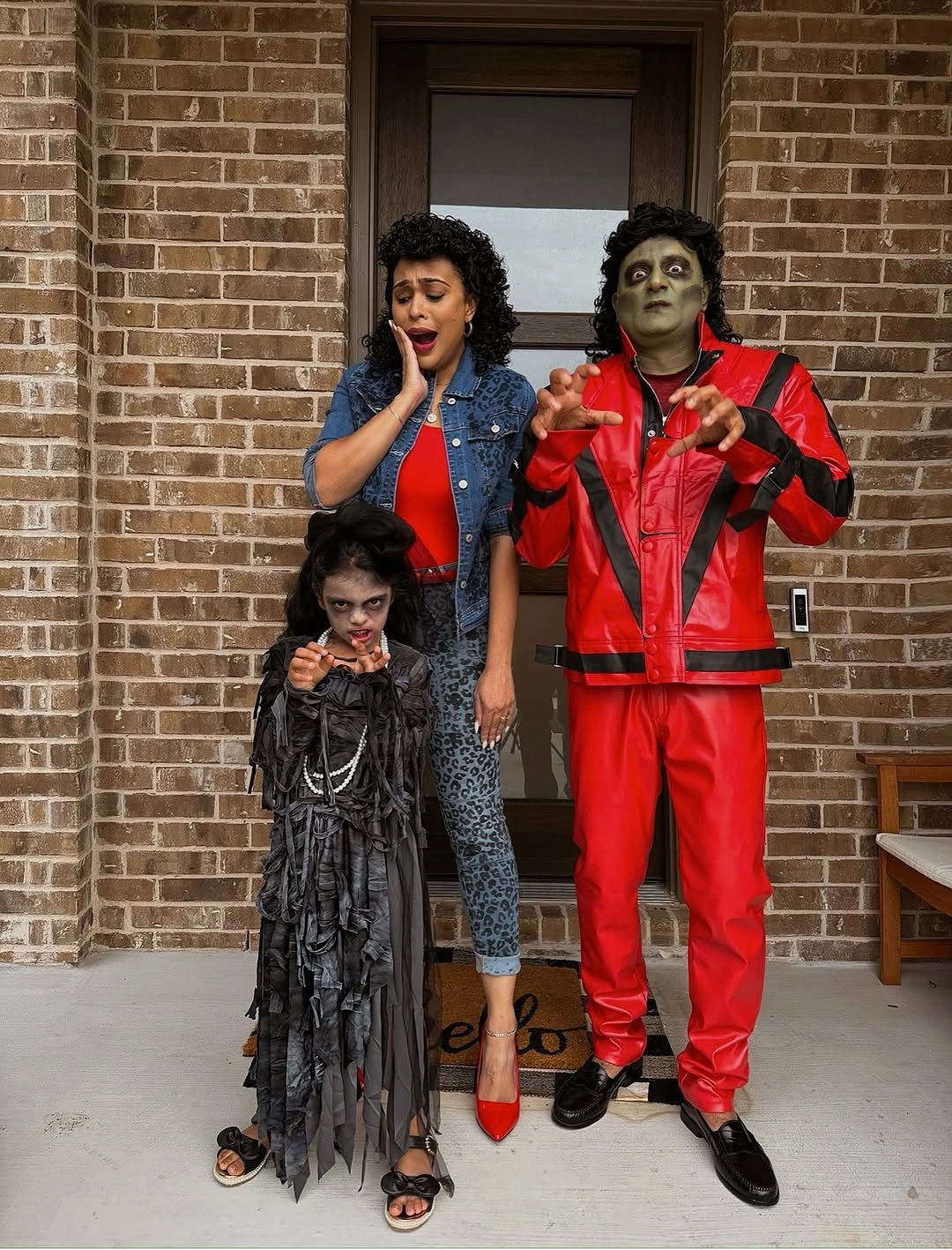 Family Halloween costumes with red casual outfit and distressed spooky look
