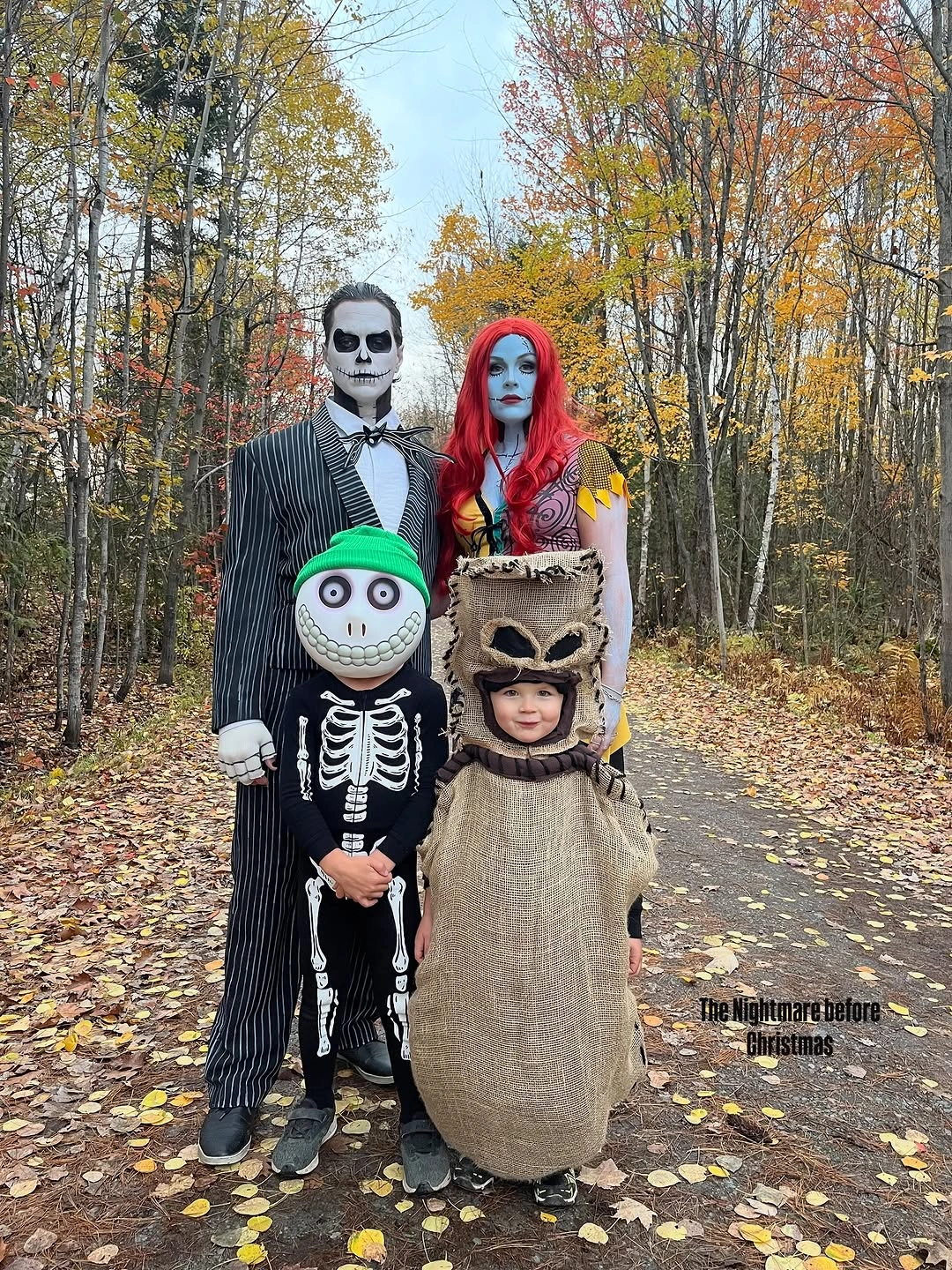 Striped animated-film family Halloween costumes with skeleton and burlap texture
