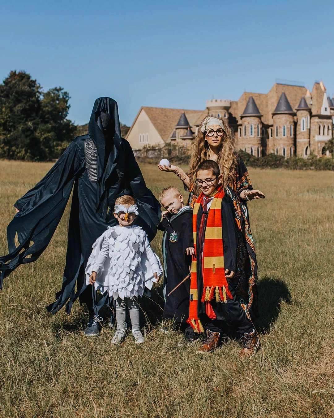 Harry Potter themed family costumes with Dementor Hedwig and Hogwarts crew