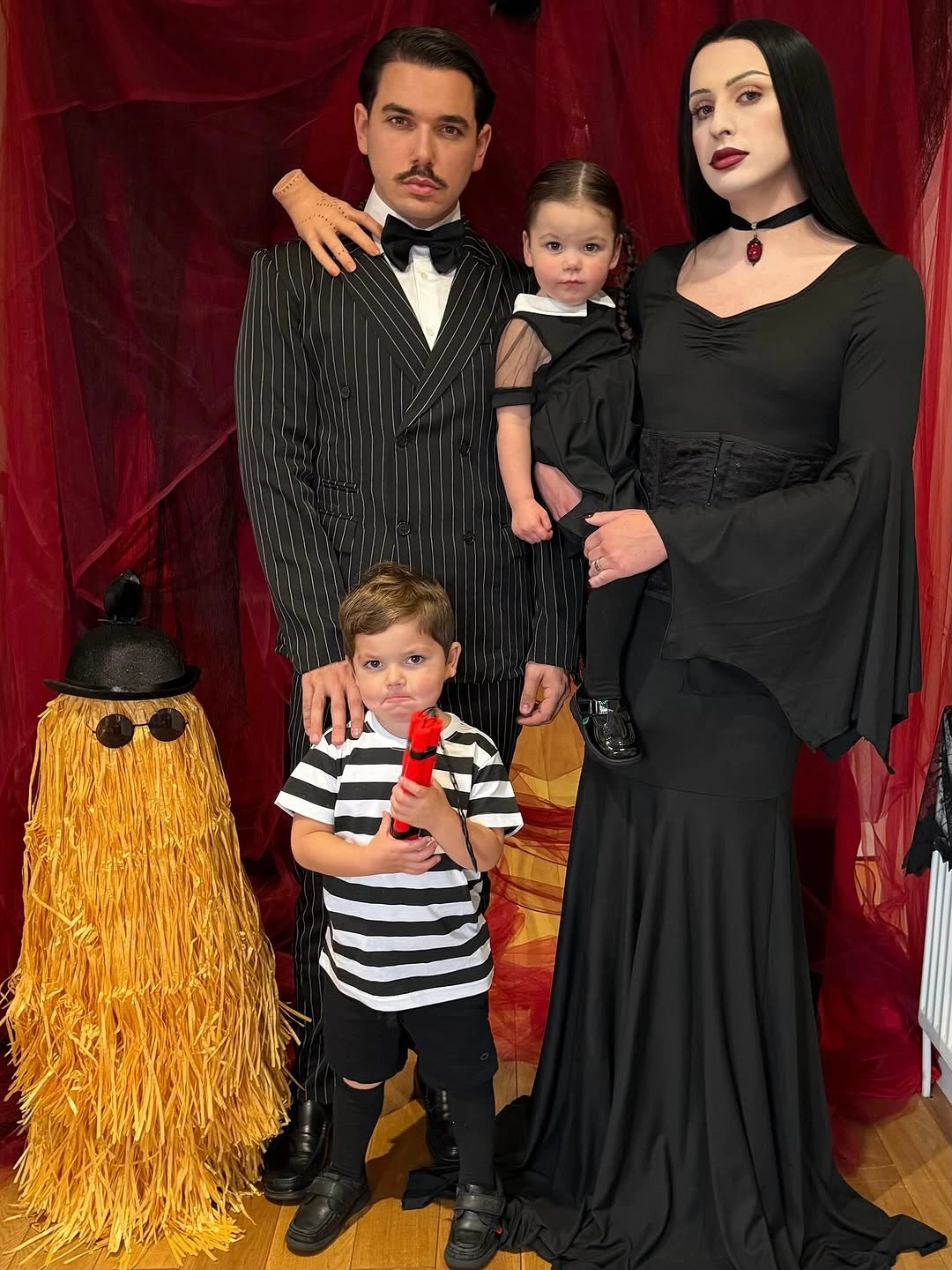 Family Halloween costumes with pinstripe suit and shaggy brown character