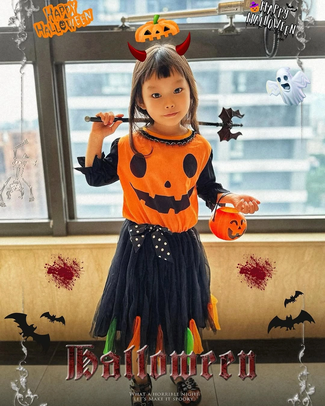 Orange pumpkin tunic Halloween costume with black skirt and devil horns