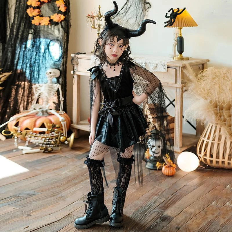 Black horned dark fairy costume with layered dress and heavy boots