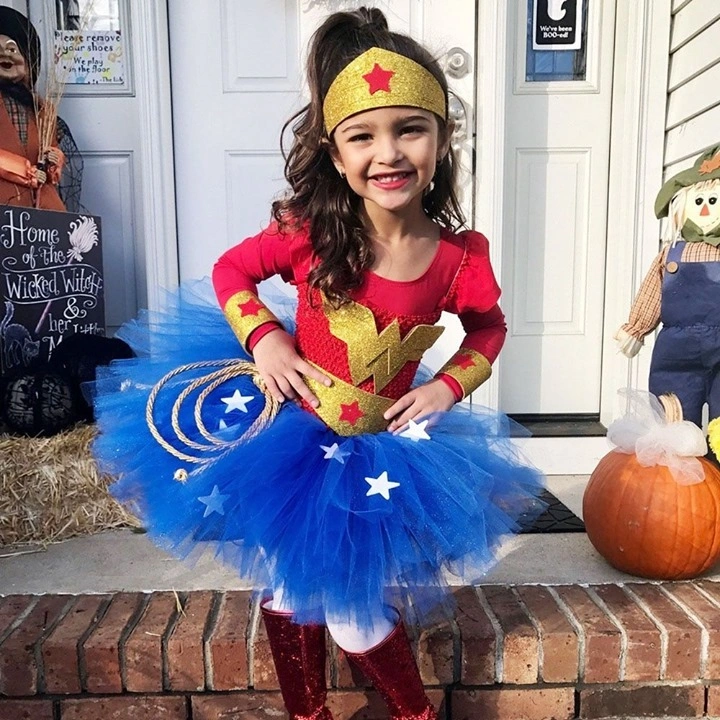 Blue tulle superhero-princess Halloween costume with star bodice and red boots