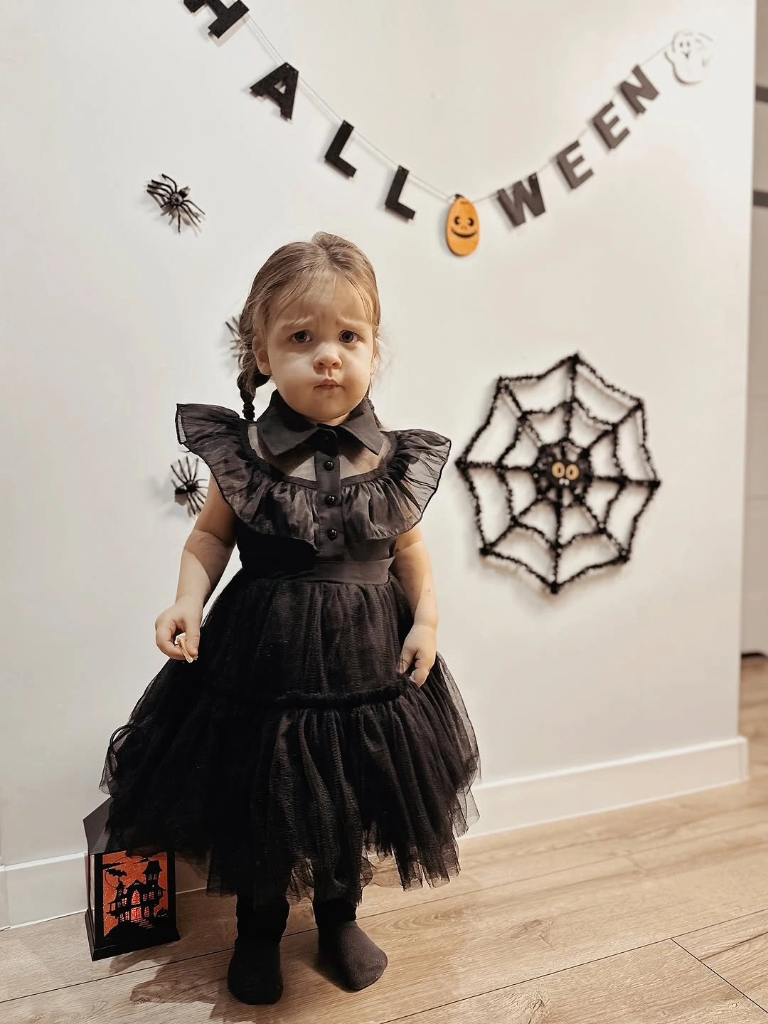 Black gothic Halloween dress with wide collar boots and small bag