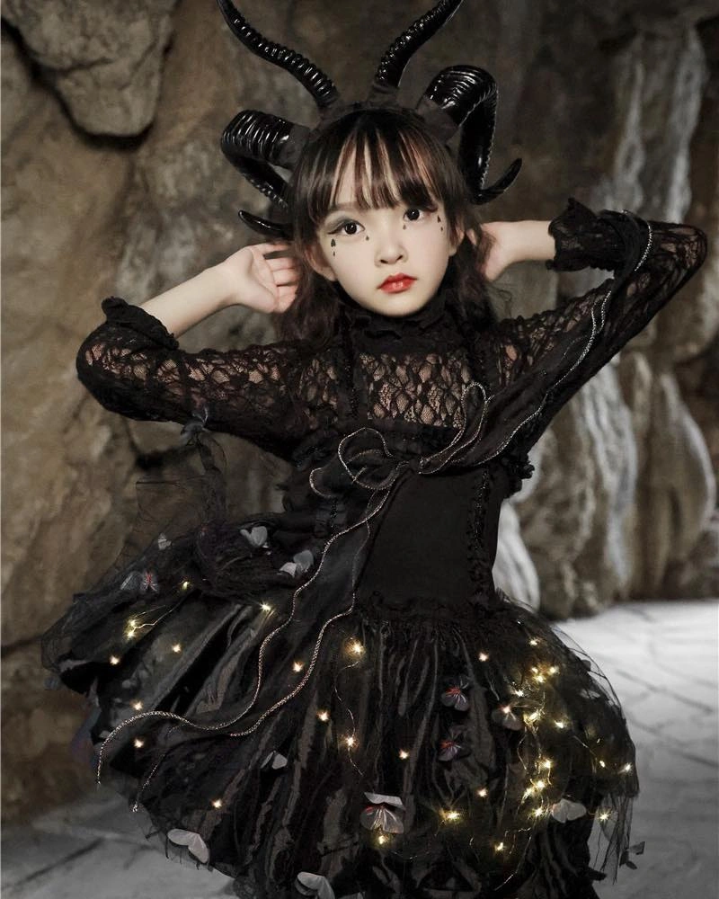 Black lace horned dark fairy Halloween costume with tiny lights