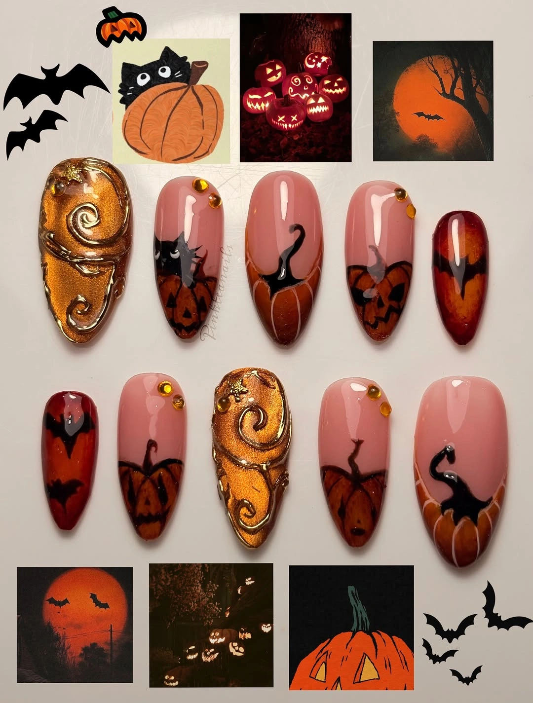 Long nail display with bronze swirls and brown pumpkin art