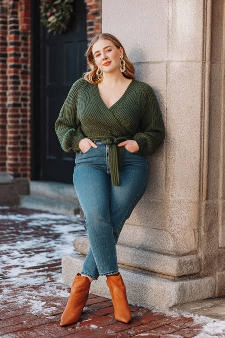 Green Knit Wrap Sweater with Blue Denim and Ankle Boots Green Knit Wrap Sweater with Blue Denim and Ankle Boots — Winter Outfits for Plus Size Women