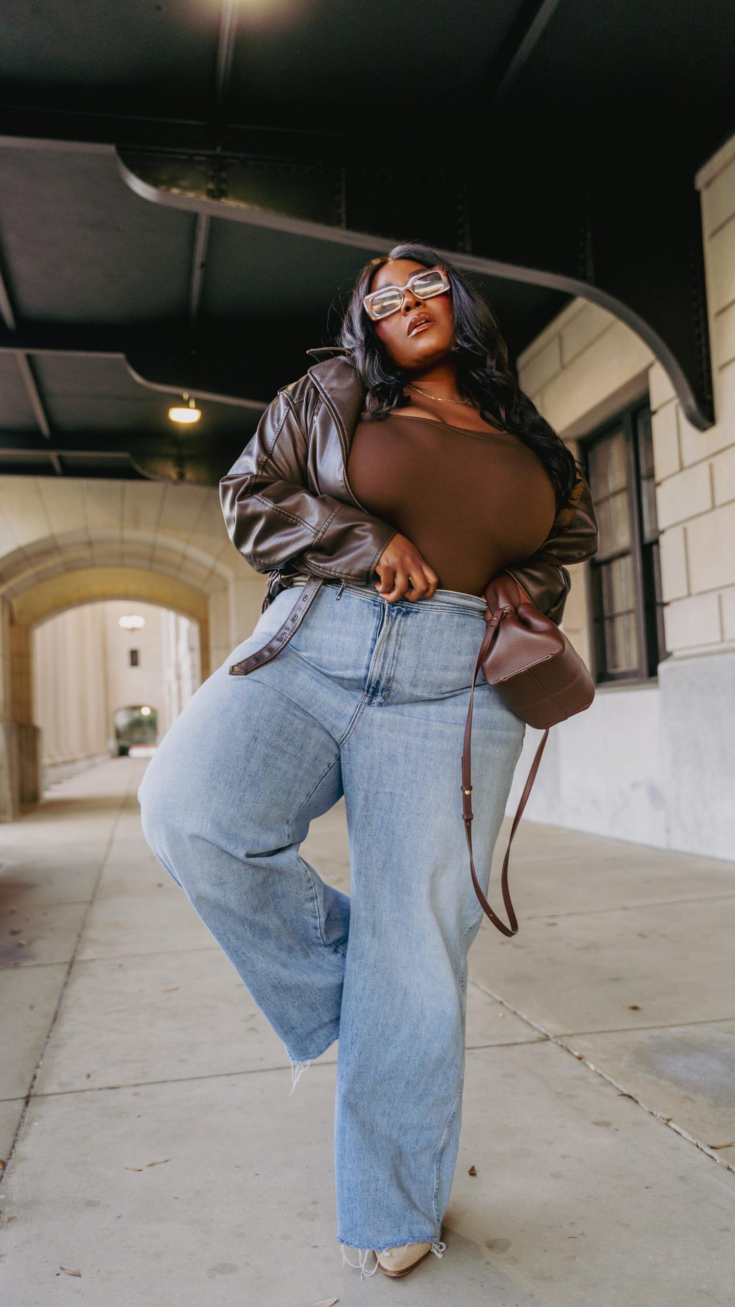 Brown Faux Leather Jacket with Wide-Leg Denim Brown Faux Leather Jacket with Wide-Leg Denim — Winter Outfits for Plus Size Women